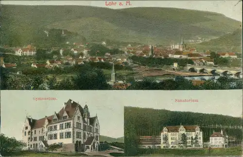 Lohr am Main Mehrbild-AK mit Gymnasium, Sanatorium & Orts-Panorama 1906