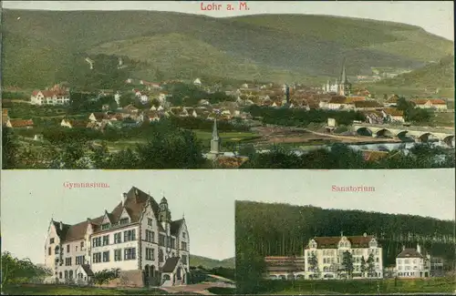 Lohr am Main Mehrbildkarte mit Sanatorium, Gymnasium und Gesamtansicht 1907