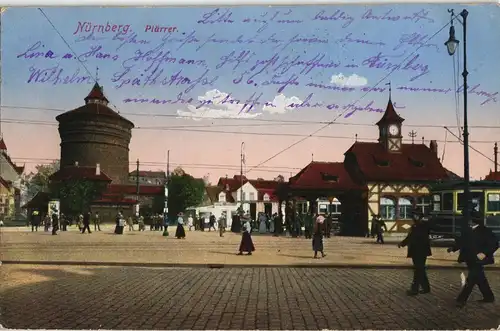 Nürnberg Plärrer, Stadt-Ansicht belebt, Nuremberg Postcard 1914