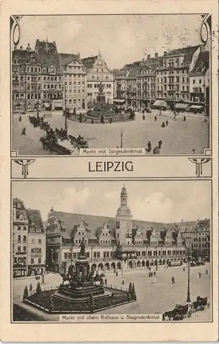 Ansichtskarte Leipzig 2-Bild-AK Markt, Siegesdenkmal, Rathaus Ansichten 1913
