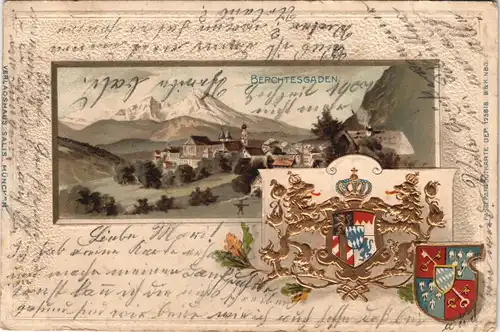Berchtesgaden Künstlerkarte - Präge-Heraldikkarte 1907 Goldrand
