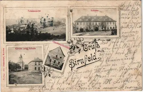 Ansichtskarte Birnfeld-Stadtlauringen Totale, Schloß, Gasthof, Schule 1905