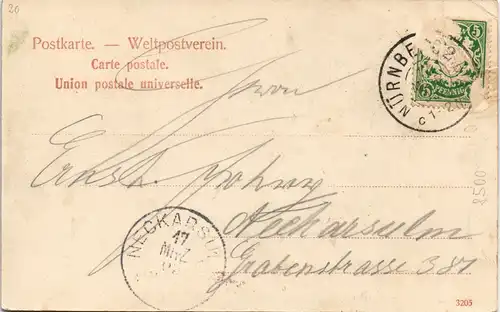 Nürnberg   Blick vom Spittlertor II. 1903 Neckarsulm (mit Ankunftsstempel)