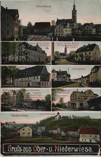 Oberwiesa-Niederwiesa Mehrbild-AK Straßen, Villen, Drogerie  Albertstraße  1911