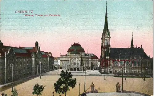 Ansichtskarte Chemnitz Museum, Theater und Petrikirche 1911