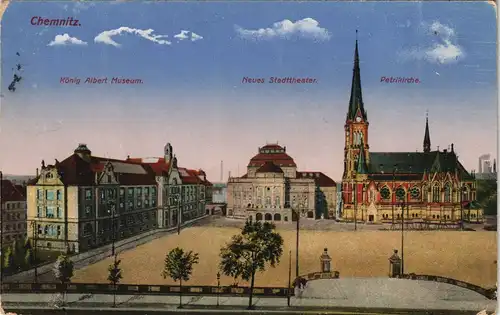 Chemnitz Panorama Stadt-Ansicht mit Museum Theater und Petrikirche 1917
