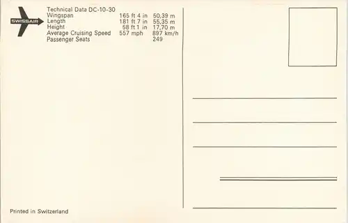 Ansichtskarte  SWISSAIR Technical Data DC-10-30 Flugzeug Airplane Avion 1975