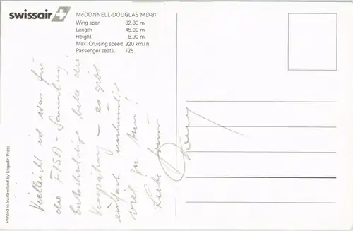 Swissair MCDONNELL-DOUGLAS MD-81 Flugzeug Airplane Flugwesen 1980