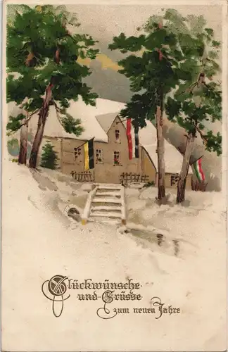 Glückwunsch Neujahr/Sylvester patriotisch (Flaggen) geschmücktes Haus 1910