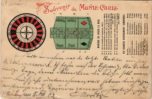 Postcard Monte-Carlo Roulette-Tisch Beschreibung gel. Monaco 1907