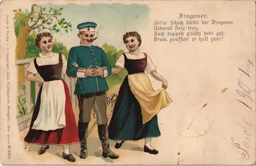 Ansichtskarte  Litho AK Künstlerkarte - Militär Dragoner mit Frauen 1907