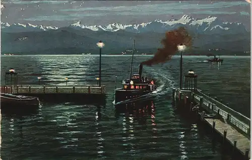 Friedrichshafen Hafen ankommendes Bodensee Schiff Dampfer bei Abendlicht 1910
