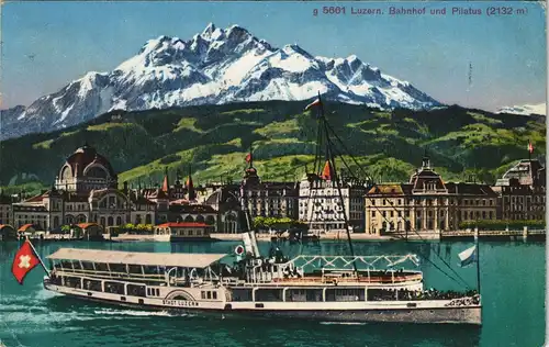 Ansichtskarte Luzern Lucerna Pilatus u. Bahnhof Dampfer Luzern 1913