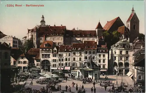 Ansichtskarte Basel Barfüsserplatz, Kiosk Markt-treiben 1912
