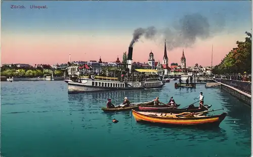 Ansichtskarte Zürich Utoquai - Dampfer Segelboot 1913