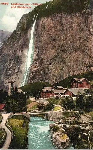 Ansichtskarte Lauterbrunnen Lauterbrunnen (799m) und Staubbach 1912