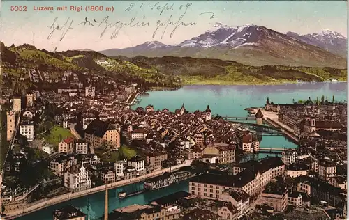 Luzern Lucerna Panorama-Ansicht Stadt Ansicht mit Rigi Alpen Berge 1909