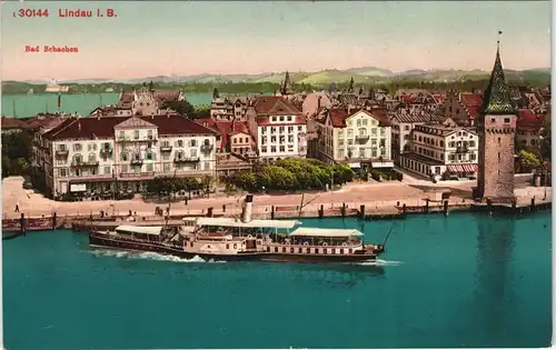 Ansichtskarte Schachen-Lindau (Bodensee) Stadt, Hafen, Hotel - Dampfer 1908