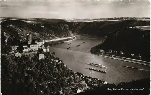 St. Goarshausen Rhein Panorama Schiffe, Burg Katz Fernansicht Loreley 1956