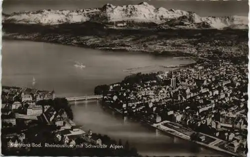 Ansichtskarte Konstanz Bodensee Rhein-Ausfluss mit Schweizer Alpen 1952