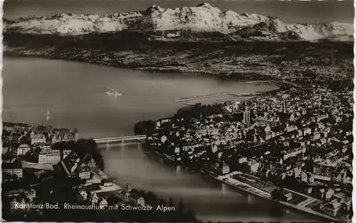 Konstanz Panorama-Ansicht, Rhein-Ausfluss mit Schweizer Alpen 1962