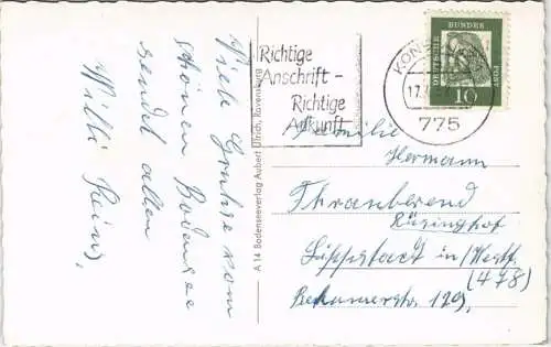 Ansichtskarte Konstanz Bodensee Rhein-Ausfluss mit Schweizer Alpen 1952