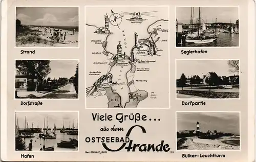 Strande Mehrbild-AK Umgebungskarte, Dorfstraße, Segler-Hafen uvm. 1960