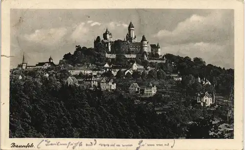 Braunfels (Lahn) Panorama Ort und Schloss/Burg 1950   gel Stempel BRAUNFELS