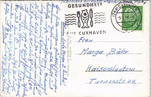 Cuxhaven Mehrbild-AK Illustrationen, Duhnen Promenade, Döse   Kugelbake 1958