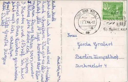 Ansichtskarte Bad Tölz Isarbrücke mit Kaluarienberg 1955