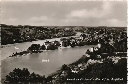 Ansichtskarte Passau Panorama-Ansicht mit 3-Flüsse-Eck Inn, Donau Ilz 1959
