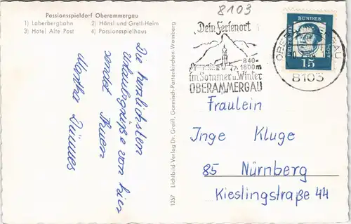 Oberammergau 4 Foto-Ansichten Bergbahn, Hänsl Gretl-Heim Hotel Alte Post 1964