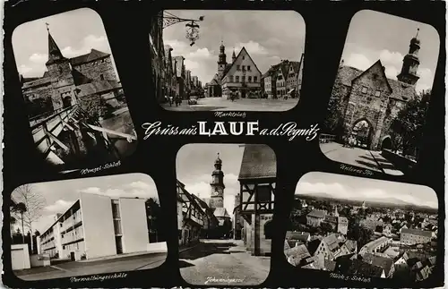 Lauf a.d.Pegnitz Mehrbild-AK mit Verwaltungsschule, Marktplatz uvm. 1953