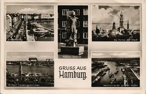 Hamburg Mehrbild-AK mit Hummel-Denkmal, Jungfernstieg, Hafen St. Pauli 1953