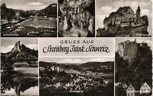 Streitberg-Wiesenttal Mehrbild-AK mit Schwimmbad, Streitburg, Neideck uvm. 1957