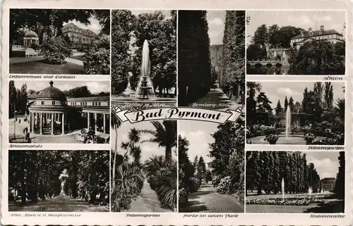 Bad Pyrmont Mehrbildkarte mit vielen Ansichten ua. Erdbeertempel 1957