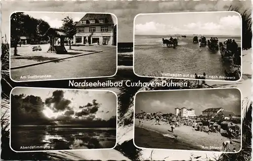 Duhnen-Cuxhaven Mehrbild-AK mit Dorf-Brunnen, Wattwagen, Strand 1960