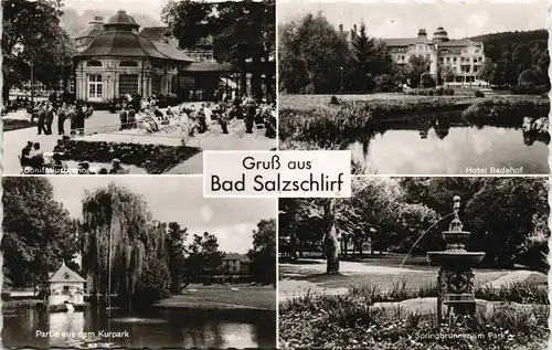 Bad Salzschlirf Mehrbild-AK mit Hotel Badehof Springbrunnen im Park 1960
