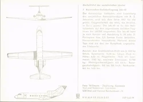 Ansichtskarte  CCCP-87731 Flugwesen - Flugzeuge JAK 40 1970