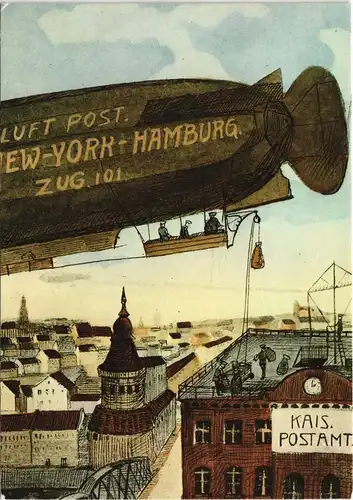 Postbeförderung mit Luftschiff Scherzbild aus dem Jahre 1908 1988