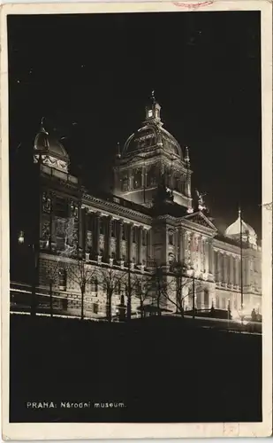 Postcard Prag Praha Nationalmuseum bei Nacht - Sondermarken 1928