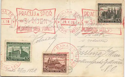 Postcard Prag Praha Nationalmuseum bei Nacht - Sondermarken 1928