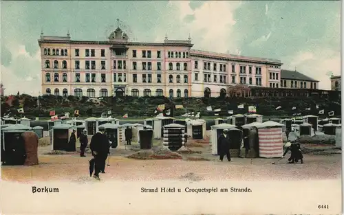 Ansichtskarte Borkum Strand Hotel u Croquetspiel am Strande. 1912