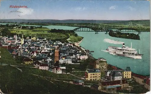 Ansichtskarte Rüdesheim (Rhein) Stadt und Dampfer - Künstlerkarte 1928