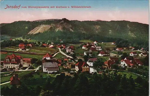 Ansichtskarte Jonsdorf Hieronymusstein mit Kurhaus u. Mühlsteinbruch. 1908