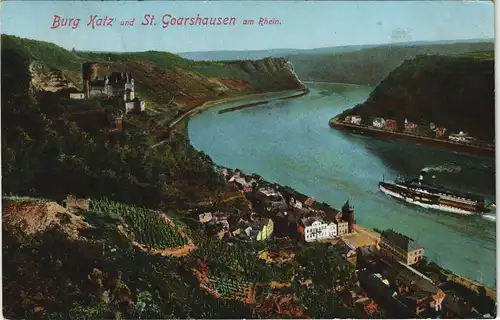 Ansichtskarte St. Goarshausen Burg Katz, Rheindampfer 1918