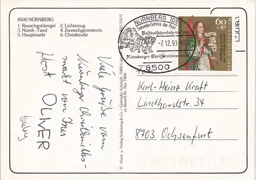 Nürnberg Christkindles-Markt, Weihnachtsmarkt Nachtansichten 1991   mit passendem Sonderstempel