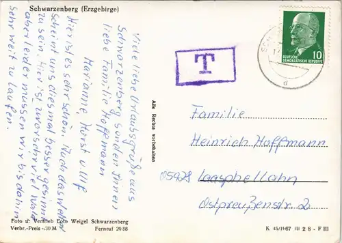 Ansichtskarte Schwarzenberg (Erzgebirge) Stadt (T - Stempel) 1967