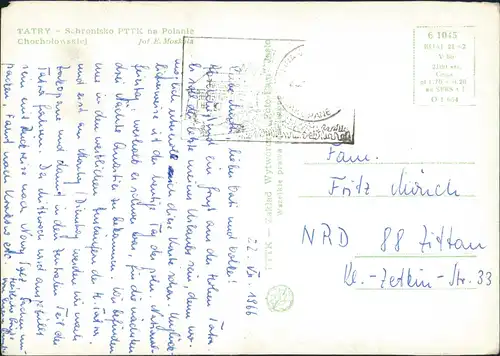 Postcard Zakopane TATRY - Tatra Schronisko PTTK na Polanie 1971