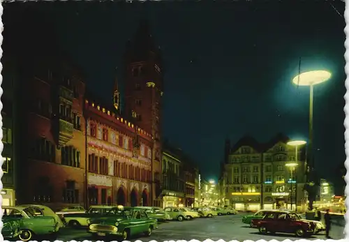 Ansichtskarte Basel div. Autos am Rathaus und Marktplatz bei Nacht 1965